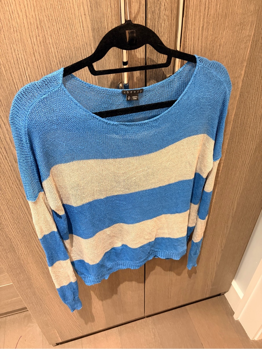 Theory Blue Cream Striped Lightweight Knit Sweater